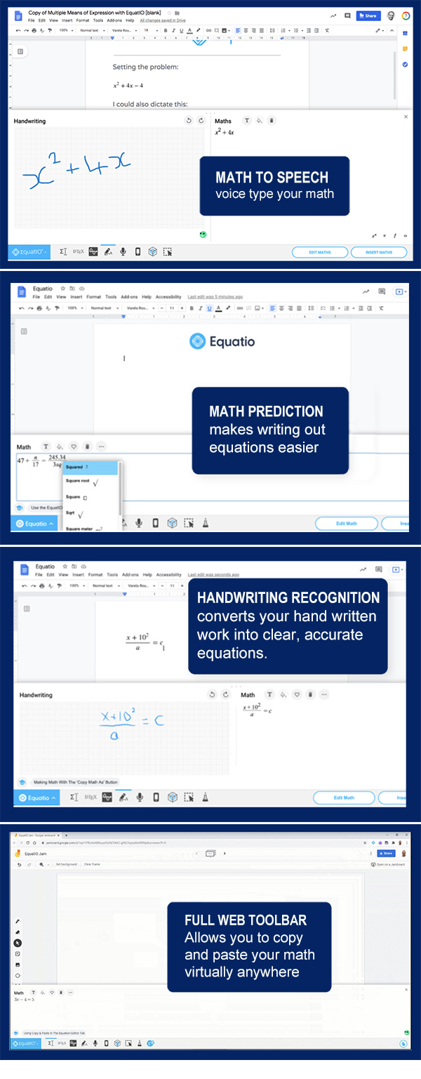 Equatio's functions include math prediction for ease in typing equations, handwriting recognition, and a full web toolbar that allows you to copy and paste virtually anywhere on the page.