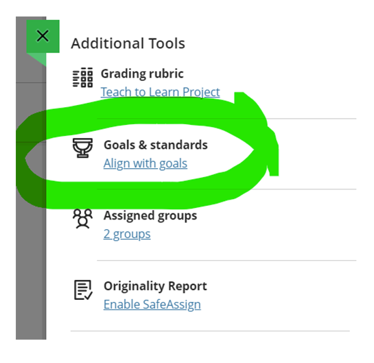 the goals and standards option in Blackboard Ultra is highlighted with bright green highlighter.
