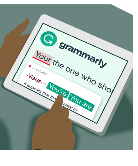 Grammarly corrects spelling and grammar giving the writer one or more correct options