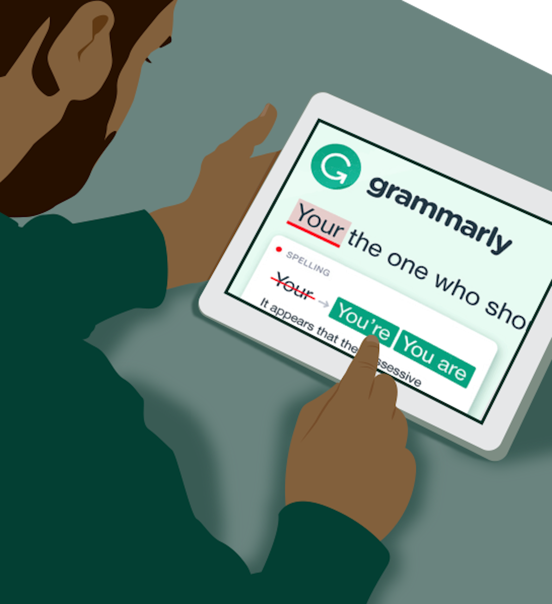 a man uses Grammarly on a tablet to correct his misspelling of 