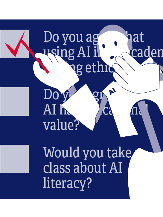 An AI robot considers questions on a survey about AI in education.
