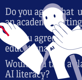 An AI represented as a robot ruminates over a survey about AI in education. 
