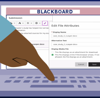 a finger presses a button on a laptop on which a screen on Blackboard is shown 