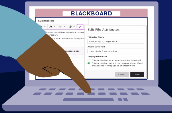 a finger presses a button on a laptop on which a screen on Blackboard is shown