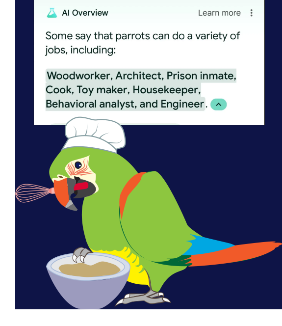 An AI asserts that a parrot can do a variety of jobs including: woodworker architect, prison inmate, cook, toymaker, housekeeper, behavioral analyst and engineer.