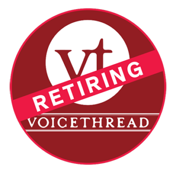 Voicethread logo with a banner across it with the word 