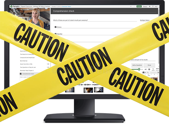 A Panopto Quiz on a computer screen is crossed by yellow caution tape.