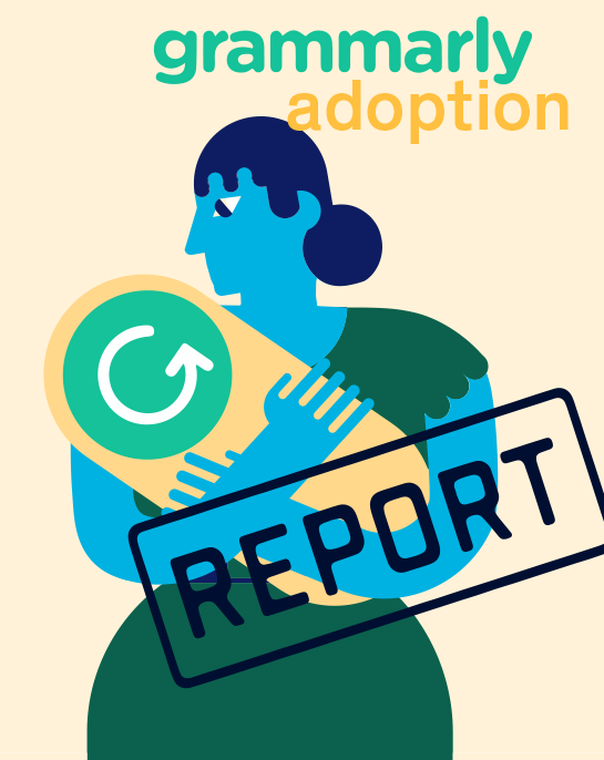 A woman holds a swaddled infant-like object branded with the Grammarly 'G'. The legend reads Grammarly Adoption Report.